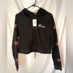 GUESS Women's Black Cropped Hoodie with Roses, Large